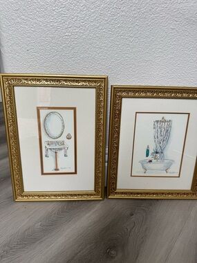 Peggy Abrams signed Gold Framed Bathroom Print Set - Mirror & Tub Artwork